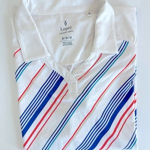 Nancy Lopez Blue/Orange Striped Golf Polo size Medium Desert Dry